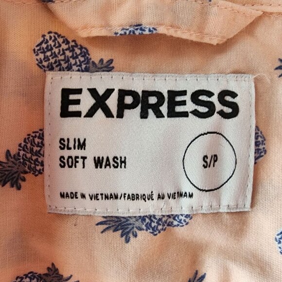 Express Mens Small Shirt Slim Soft Wash Pineapple Peach Blue Button Tropical - Picture 6 of 9